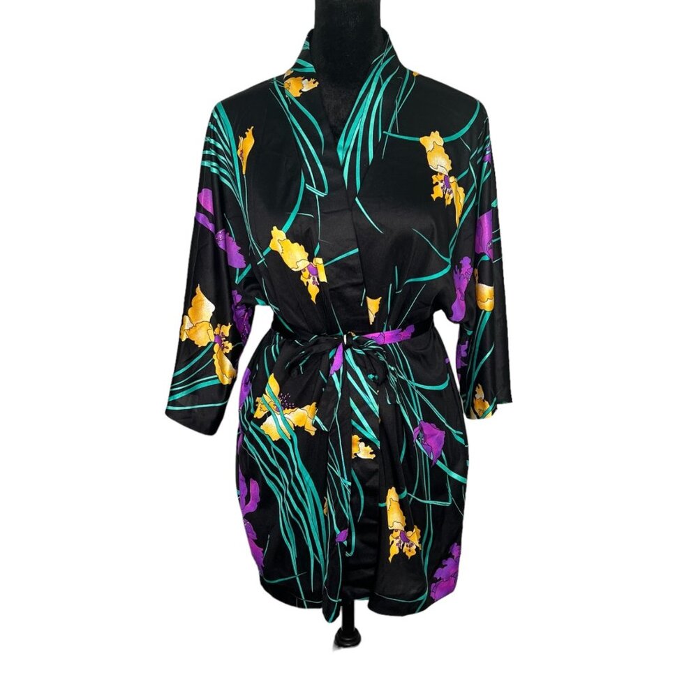 Vintage Kamehameha Floral Robe Hawaiian Belted Black Original Tropical Size L
